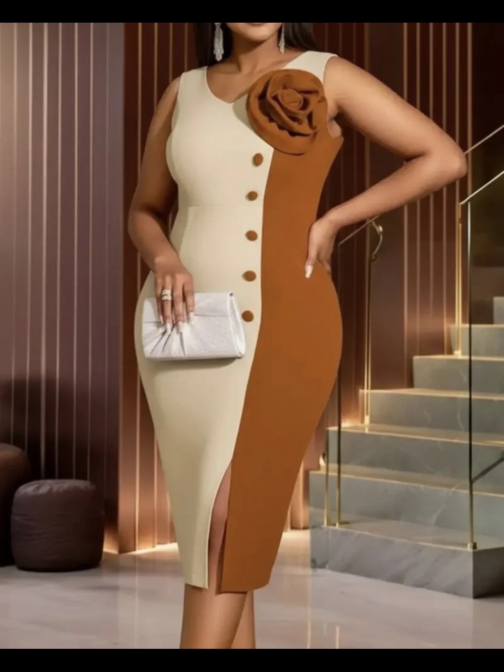Sleeveless Two-Tone Cream and Brown Bodycon Dress with Floral Accent